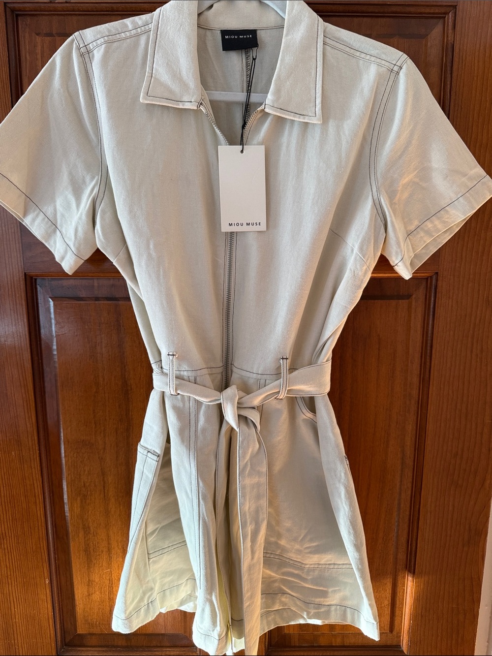 Miou Muse Cream Utility Zip Shorts Romper with Tie Waist